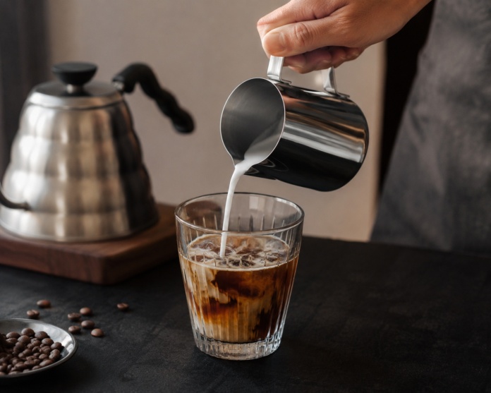 Stalowy pitcher 350 ml wykorzystywany do spieniania mleka i tworzenia latte art.